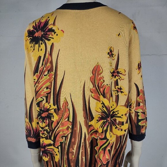 Bob Mackie yellow orange brown floral button front cardigan sweater ladies Large - Picture 4 of 7